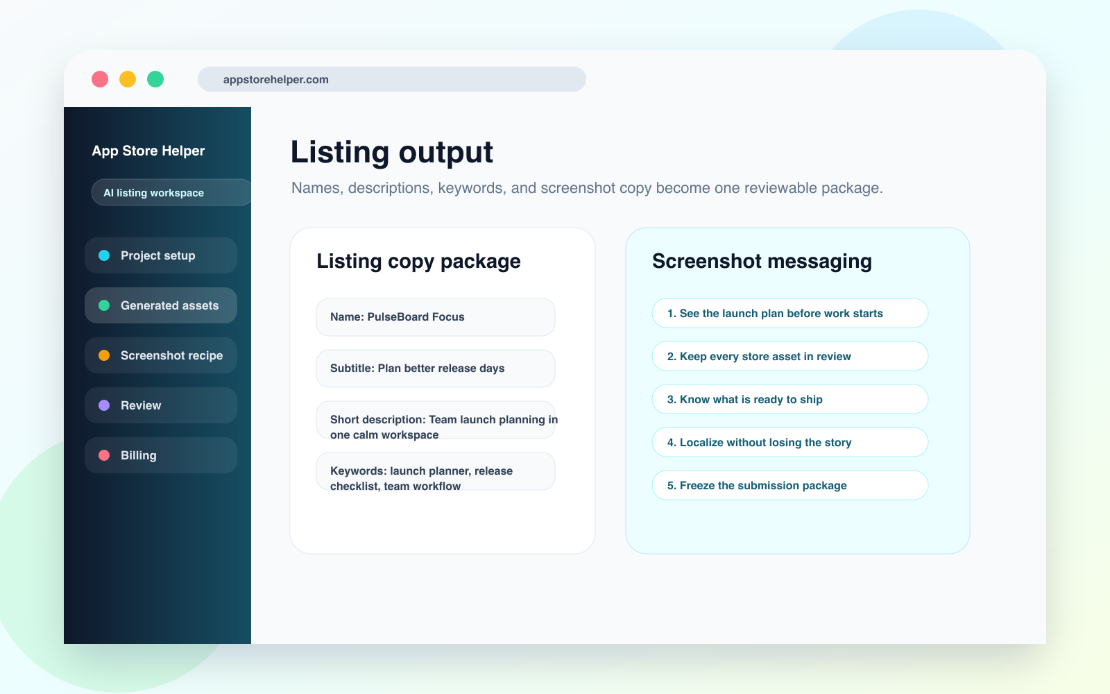 App Store Helper listing output screenshot showing app names, descriptions, keywords, and screenshot copy