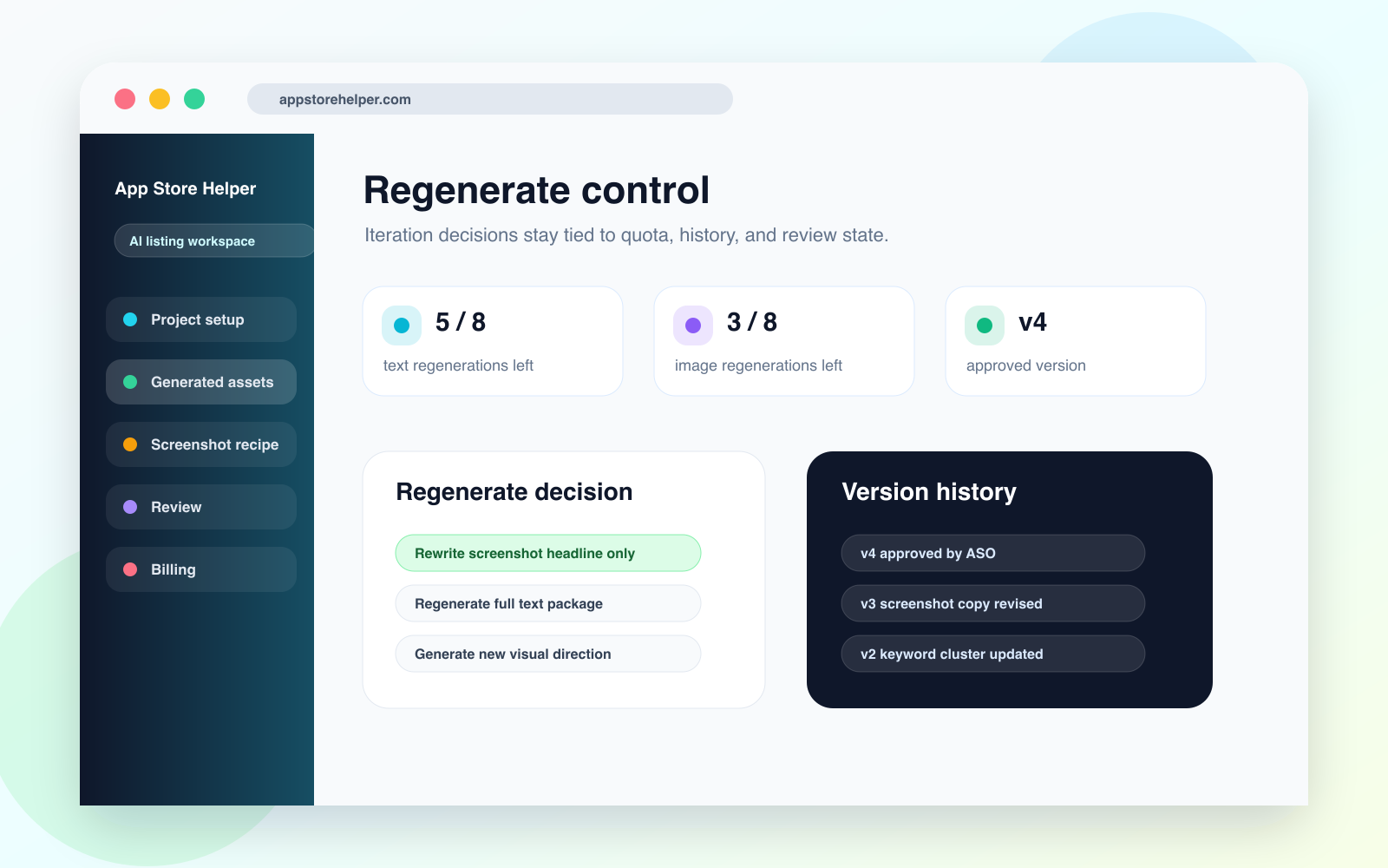 App Store Helper regenerate control screenshot showing quota, version history, and iteration actions