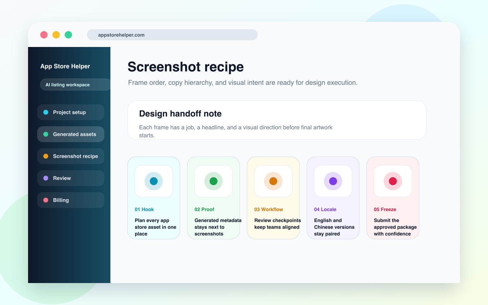 App Store Helper screenshot recipe screenshot showing a five-frame narrative and design handoff notes