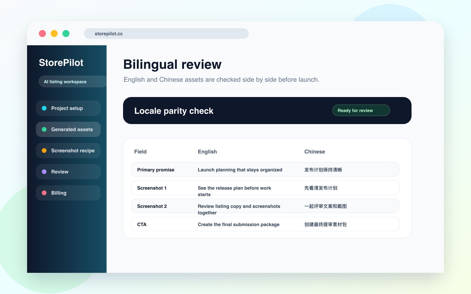 App Store Helper bilingual review screenshot showing English and Chinese assets side by side